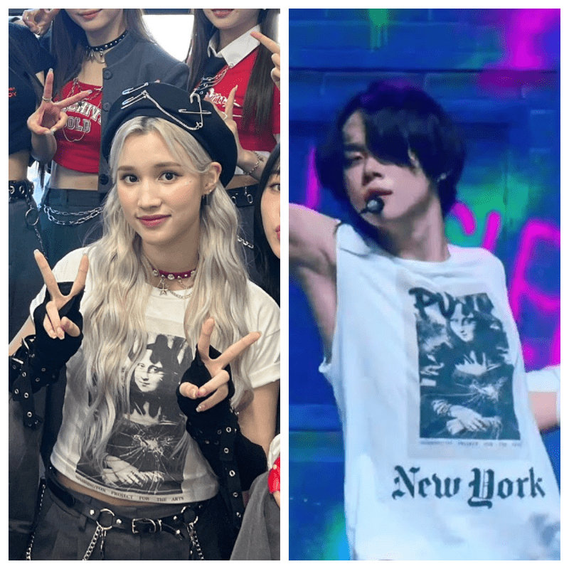 photo split in half. left side is bahiyyih, right side is yeonjun. they are wearing the same shirt.